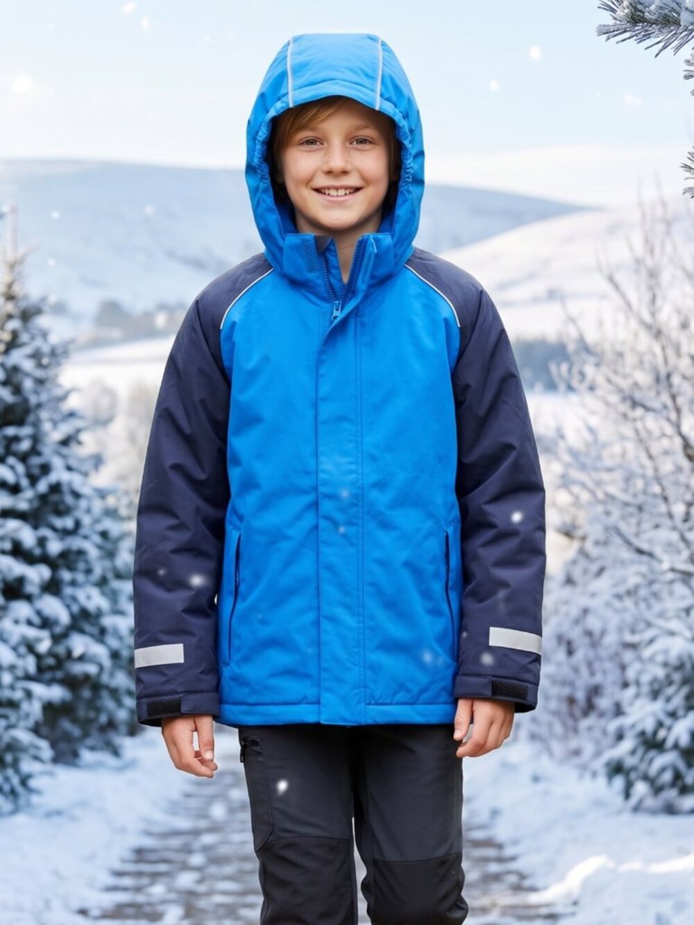 NWT  Boy's Blue Navy Rain Snow Ski Jacket Coat Reflective Hood - Size 12